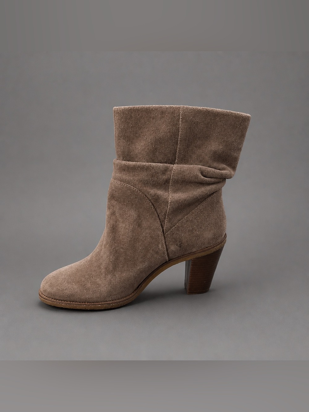 Vince Camuto Taupe Suede Slouch Ankle Bootie with Stacked Heel